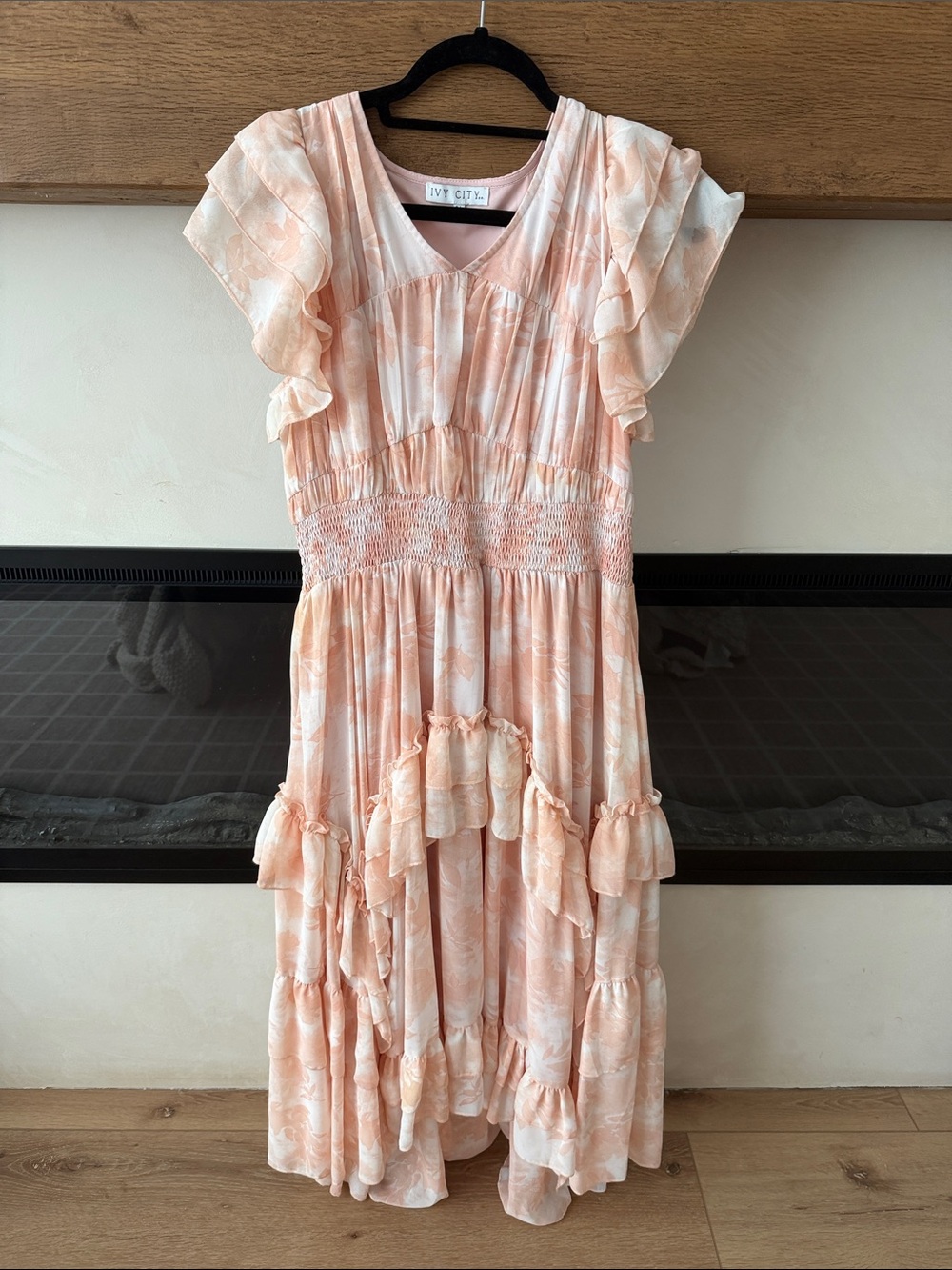 Ivy City Peach Floral Maxi Dress with Ruffle Details